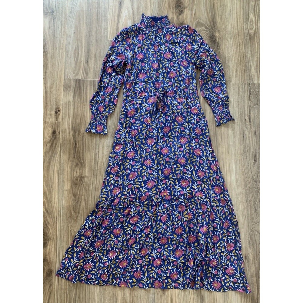 Emerson Fry India Collection XS Blue Chrysanthemum Lucybella Satin Maxi Dress